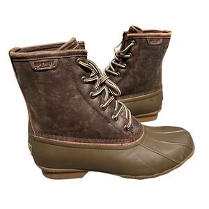 Sperry Duck Boots Mens 9 Brown Leather Rubber Rain Waterproof Lace EUC STS23705